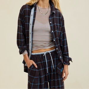 Aerie NWT Flannel Pajama Top, Deep Earth, Brown and Blue Plaid. Best Seller
